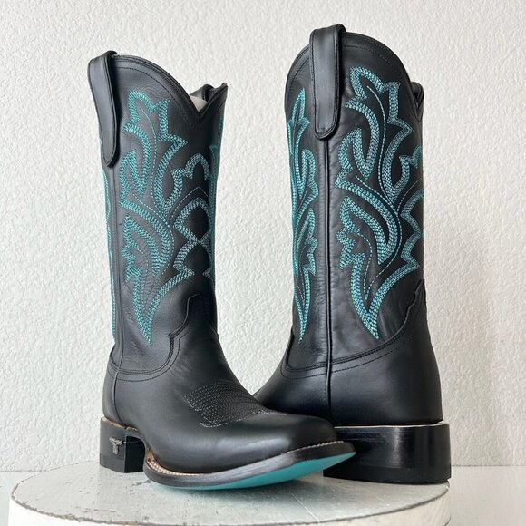 Lane Saratoga Womens Square Toe Cowboy Boots 8 Black Turquoise Western Cowgirl - Picture 1 of 12